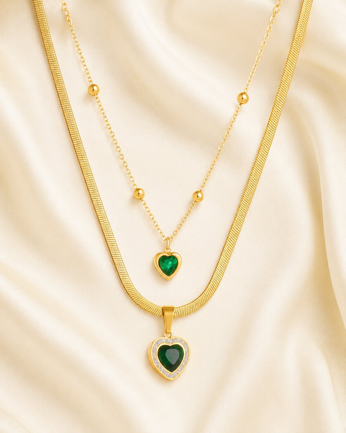 Collar Doble Corazón Esmeralda